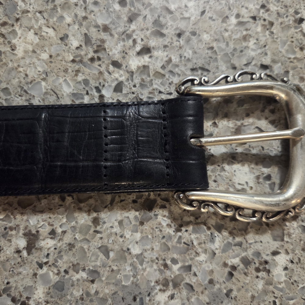 Women's Black Crocodile-Embossed Leather Belt with Ornate Silver Buckle